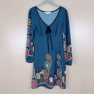Aryeh Teal Retro Floral Knit Sweater Babydoll Dress Small Colorful Flower Power